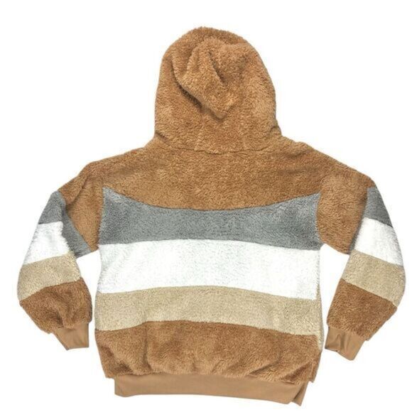 Womens XL Brown/Tan/Gray Stripe Colorblock Zip Front Cuddly Fuzzy Hooded Jacket - Picture 13 of 14